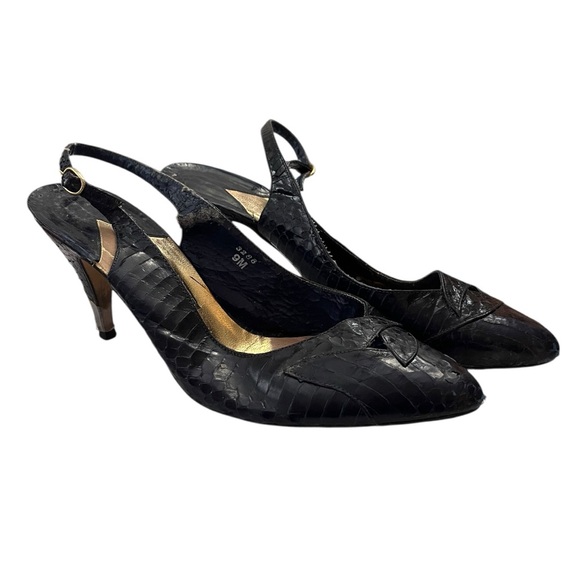 Vtg 80s J.Reneé Slingback Heels Black Faux Snakeskin Pointed Toe Kitten Heel 9M - Picture 1 of 7